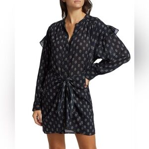 Xirena Suri Mini Shirt Dress in Cotton Poplin Black Paisley Print Long Sleeve M